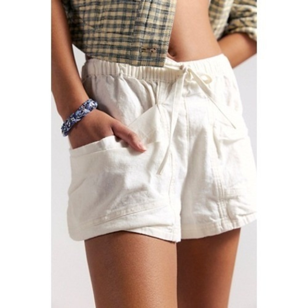 Free People Good Fortune Cream Linen Blend Drawstring Utility Shorts High Rise